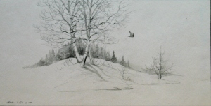 Pencils, flying bird, tree scene 072